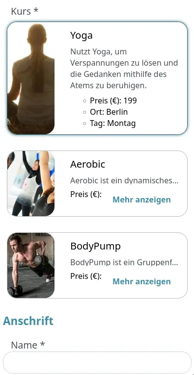 Registrierungsformular für Kurse oder Events mit Auswahl von Terminen mit detaillierten Event-Informationen.