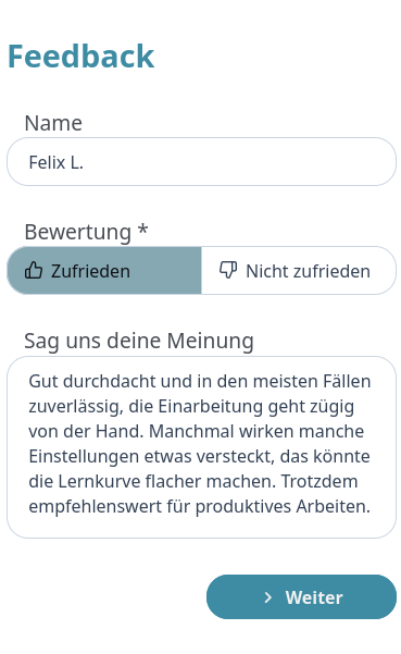 Übermittlung von Feedback mittels Bewertungen und Freitext.