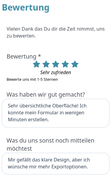 Übermittlung von Bewertungen mit Sternen und zusätzlichen Textfeldern basierend auf der Bewertung.