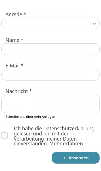 Ein einfaches Kontaktformular zur Übermittlung einer Nachricht – mit direkter Verlinkung zur Anfrage-Status-Seite.