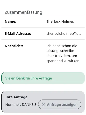 Formular mit einer Dankesseite nach dem Absenden, welches eine Zusammenfassung der eingegebenen Informationen anzeigt.